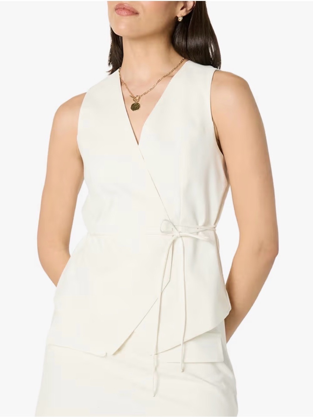 The Drop Sleeveless White/Cream Wrap Tie Vest